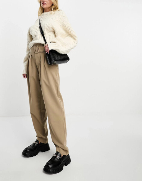 Vero Moda high waist belted tapered trousers in stone