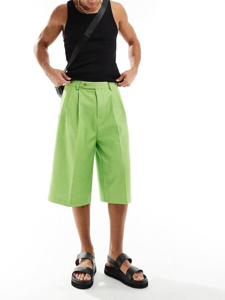 ASOS DESIGN smart linen blend longline shorts in bright green