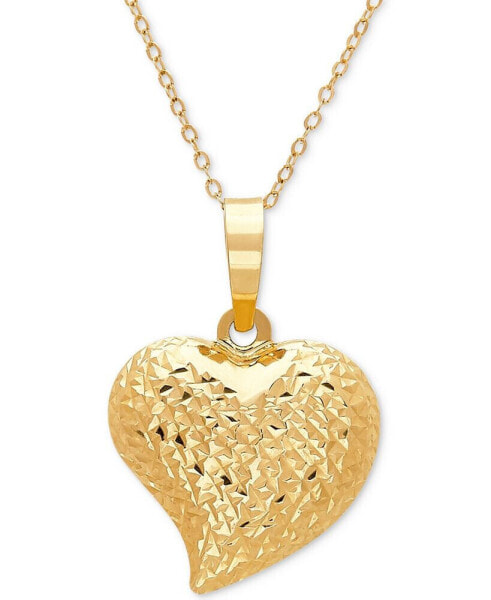 Italian Gold textured Puff 17" Heart Pendant Necklace in 10k Gold
