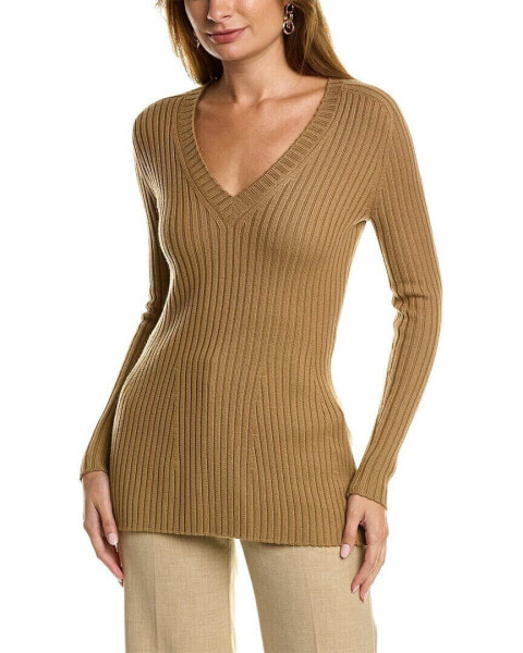 St. John V-Neck Wool Sweater Women's Tan Xs