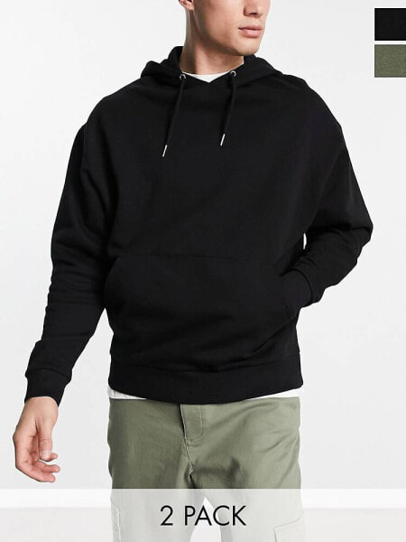 ASOS DESIGN oversized hoodie 2 pack in black/green