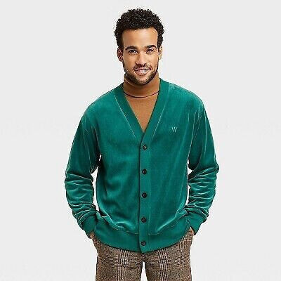 Houston White Adult Velour Cardigan Sweater - Green S