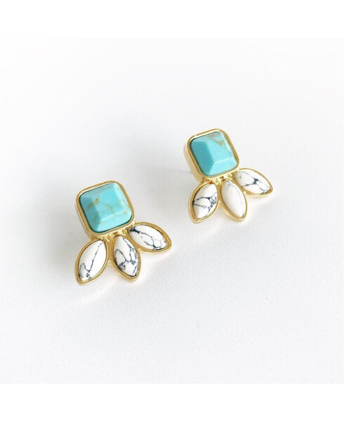 Sanctuary Project by Semi Precious Turquoise and White Howlite Three Stone Stud Earrings Gold