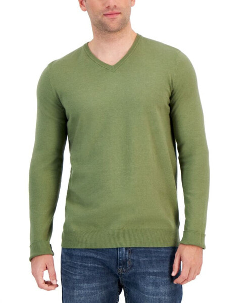 Men's Solid V-Neck Cotton Sweater, Created for Macy's