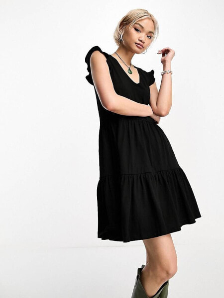 Only tiered frill sleeve mini dress in black