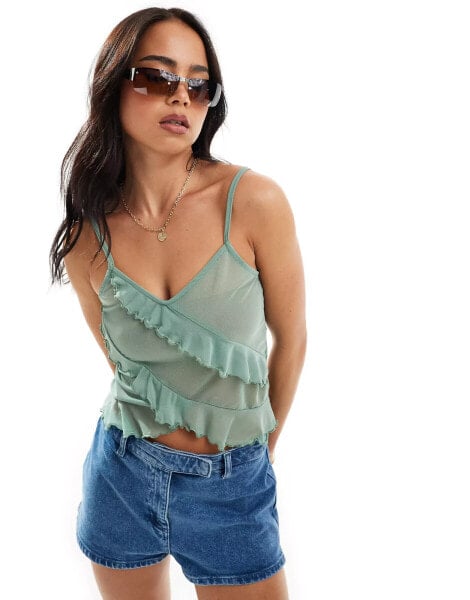 Pieces romantic sheer frill detail cami top in green