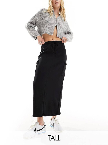 Pieces Tall sweat jersey cargo midi skirt in black