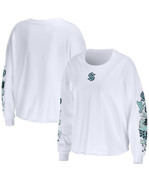 Women's White Seattle Kraken Celebration Cropped Long Sleeve T-shirt