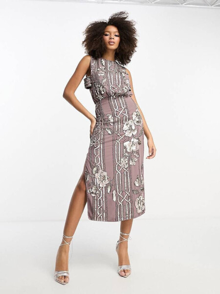 ASOS DESIGN floral geo embellished maxi dress with cold shoulder detail in mauve