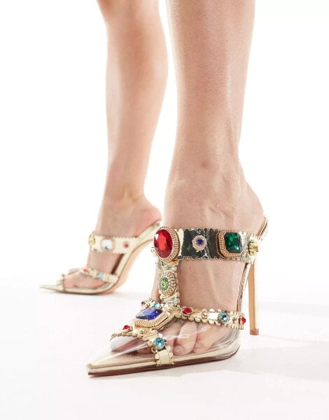 Azalea Wang Zya jewel embellished heeled mules in gold