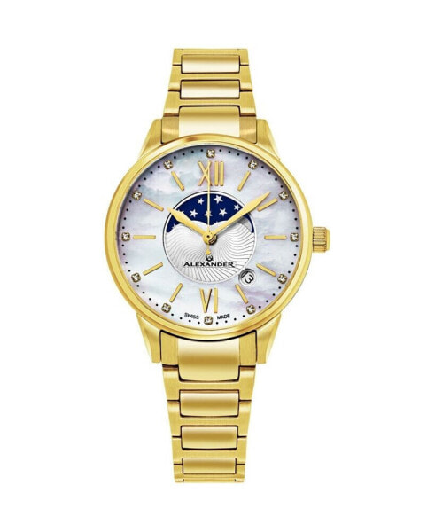 Alexander Watch AD204B-05, Ladies Quartz Moonphase Date Watch with Yellow Gold Tone Stainless Steel Case on Yellow Gold Tone Stainless Steel Bracelet