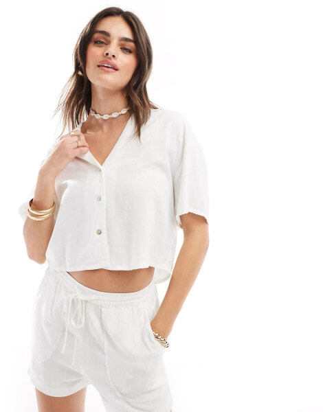 Pull&Bear short sleeve linen shirt co-ord in white