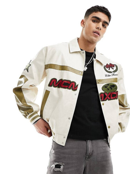 ASOS DESIGN oversized faux leather motocross bomber jacket in ecru