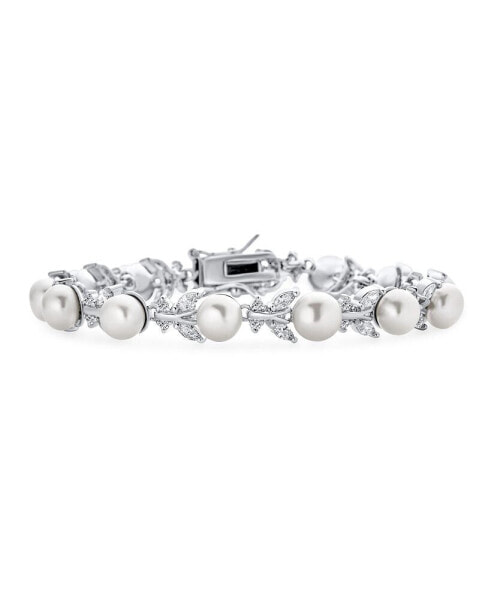 Multi CZ Marquise Leaves Vine White Button Freshwater Cultured Pearl Bracelet For Women 7 Inch