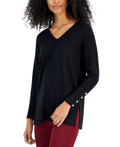 Women's Seamed-Front Button-Cuff V-Neck Sweater