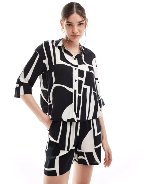 Vero Moda boxy cropped shirt co-ord in abstract mono print