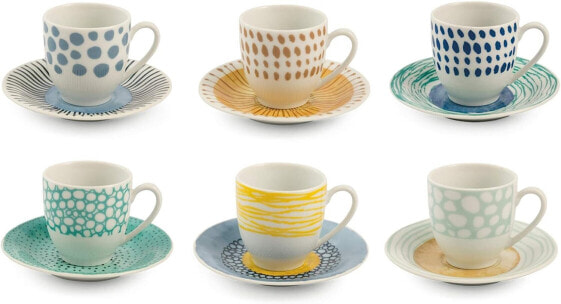 Villa d'Este Home Tivoli, Marea Set of 6 Porcelain Coffee Cups with Saucers, 90 ml