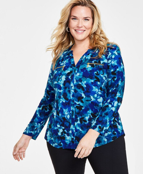 Plus Size Garden-Print Zippered-Pocket Top, Created for Macy's