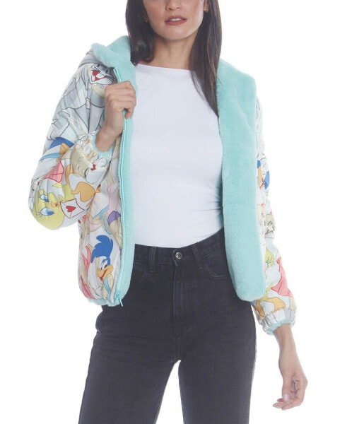 Women's Faux Rabbit Fur Reversible Bomber Looney Tunes Satin Mashup Print Lining Jacket