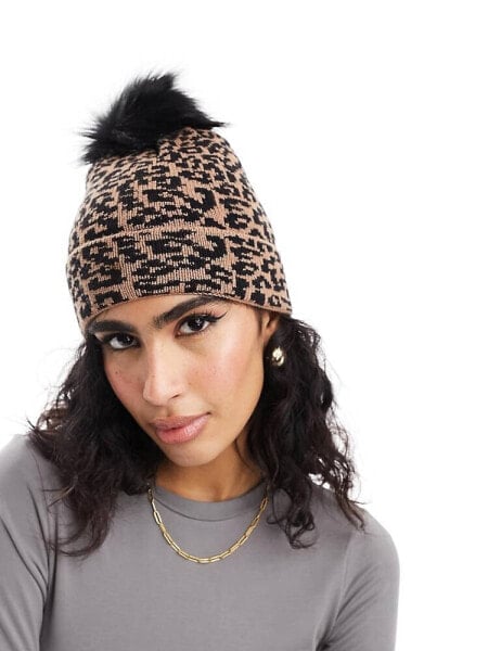 Threadbare Ski faux fur bobble hat in leopard print