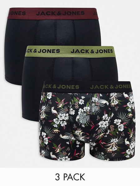 Jack & Jones 3 pack trunks in black floral & black