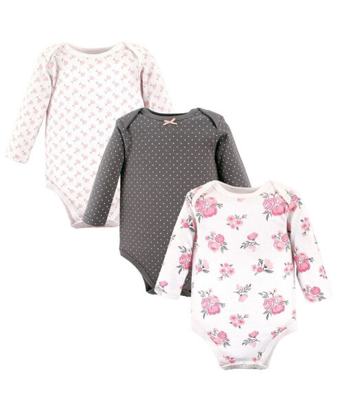 Baby Girls Cotton Long-Sleeve Bodysuits, Basic Pink Floral, 3-Pack