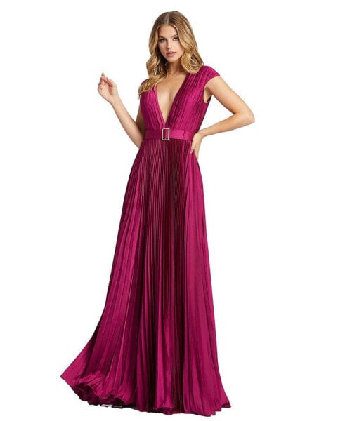 Women's Ieena Pleated Plunge Neck Belted Satin Gown