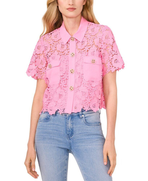 Women's Lace Short-Sleeve Button-Up Blouse