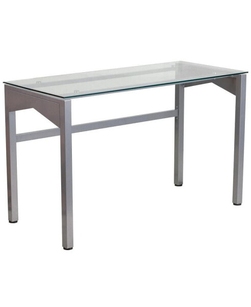 Contemporary Clear Tempered Glass Desk With Geometric Sides And Silver Frame