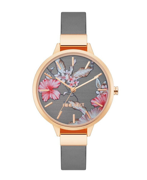 Women's Quartz Gray Faux Leather Band and Floral Pattern Watch, 38mm