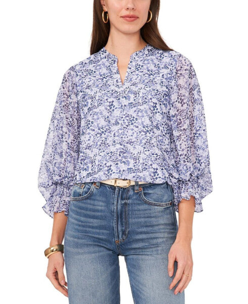 Women's Printed Split Neck Balloon Sleeve Top