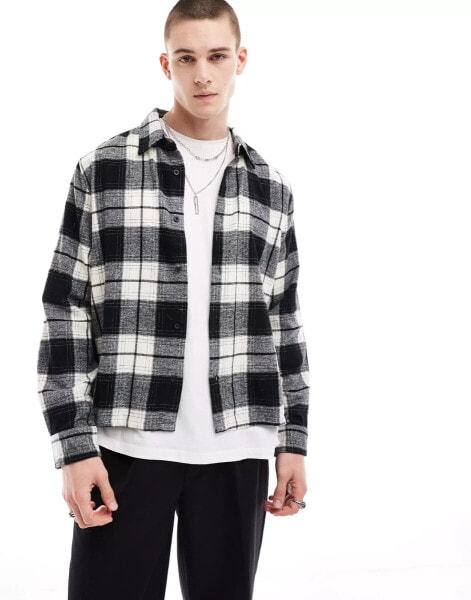 Bershka checked long sleeve shirt in black