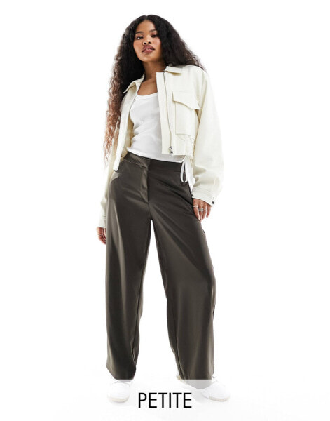 JDY Petite high waisted wide leg trousers in dark brown