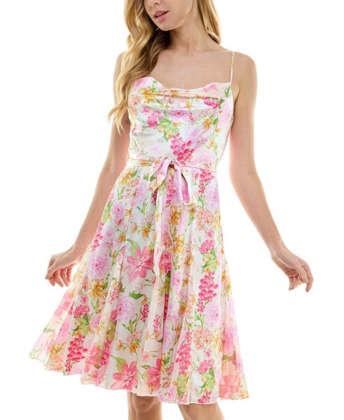 Juniors' Floral-Print Cowlneck Godet-Pleat Dress