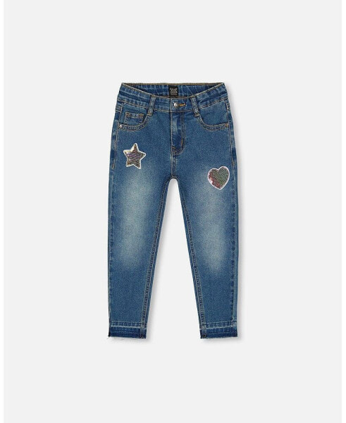 Little Girls Jeans With Embroidery Patch Blue Denim - Toddler|Child