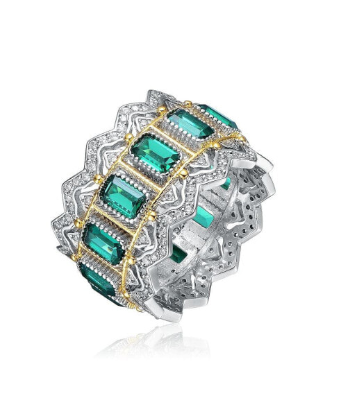 Sterling Silver Rhodium and 14K Gold Plated Emerald Cubic Zirconia Coctail Ring