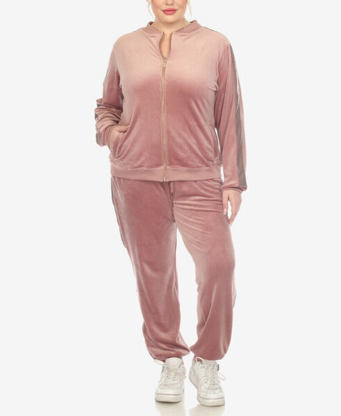 Plus Size Faux Leather Stripe Velour 2 Piece Tracksuit Set