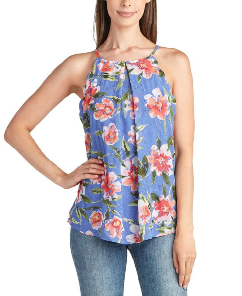 Juniors' Floral Eyelet Halter Scallop-Edged Top