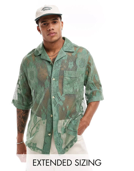 ASOS DESIGN short sleeve relaxed revere lace shirt in sage green