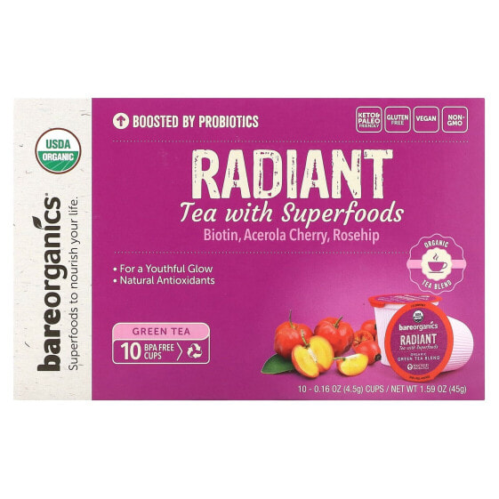 BareOrganics, Radiant, чай с суперфудами, зеленый чай, 10 чашек по 4,5 г (0,16 унции)