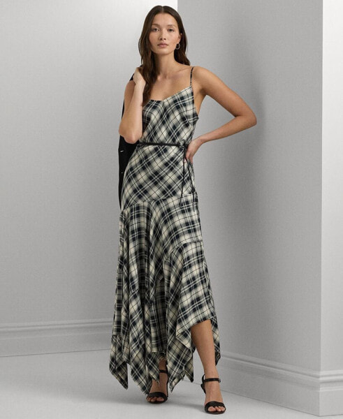 Women's Belted Plaid A-Line Dress