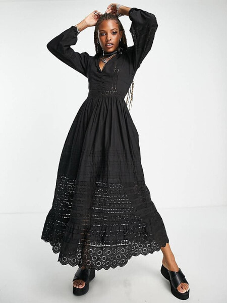 Reclaimed Vintage long sleeve maxi dress with lace trim 