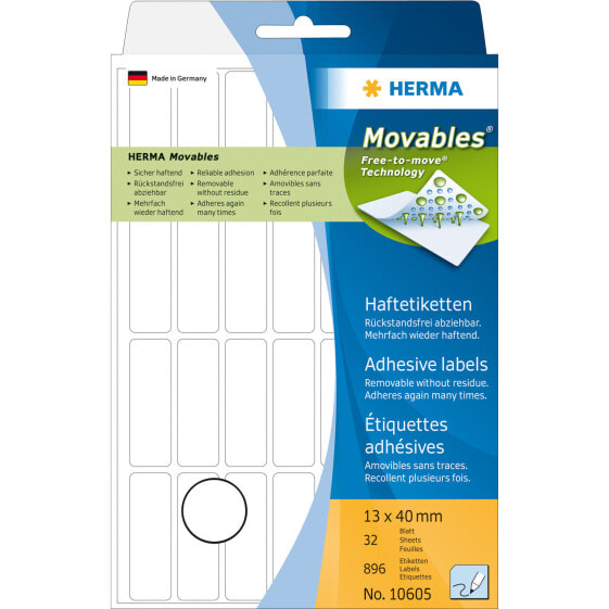 HERMA Multi-purpose labels 13x40 mm white Movables/removable paper matt 896 pcs - White - Rounded rectangle - Paper - Germany - 13 mm - 40 mm
