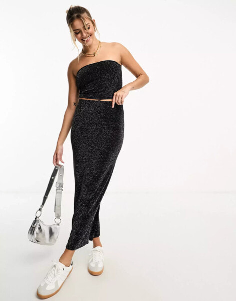 Pull&Bear glitter slinky maxi skirt co-ord in black