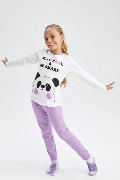 Пижама для девочек DeFacto с длинными рукавами и принтом панды