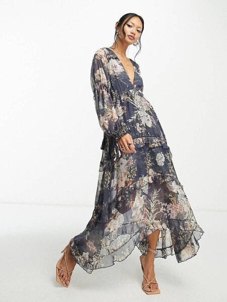 ASOS DESIGN pleated layered tiered midi dress in navy floral print with lace trim