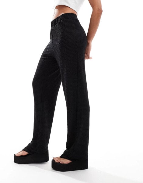 Monki textured pull-on straight leg trousers in black