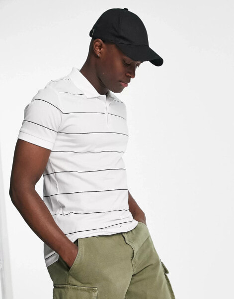 French Connection thin stripe polo in white