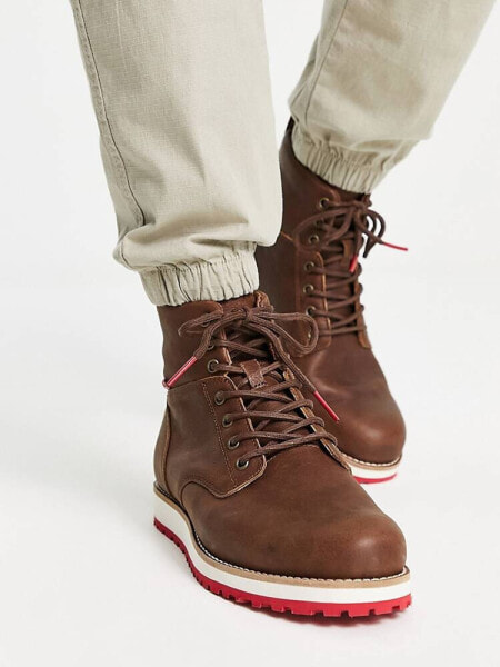 Levi's Jax Lux leather lace up boot with red tab in brown