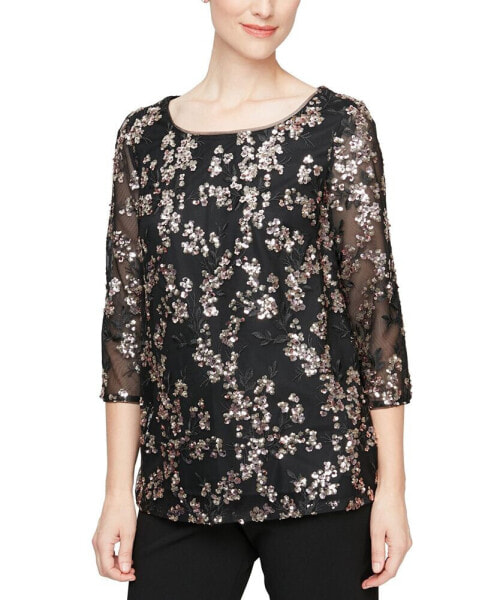 Embroidered Sequin 3/4-Sleeve Top